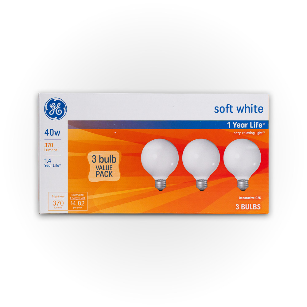 GE 40W G25 Soft White Globe Light Bulbs Vanity Medium Base 3 Pack