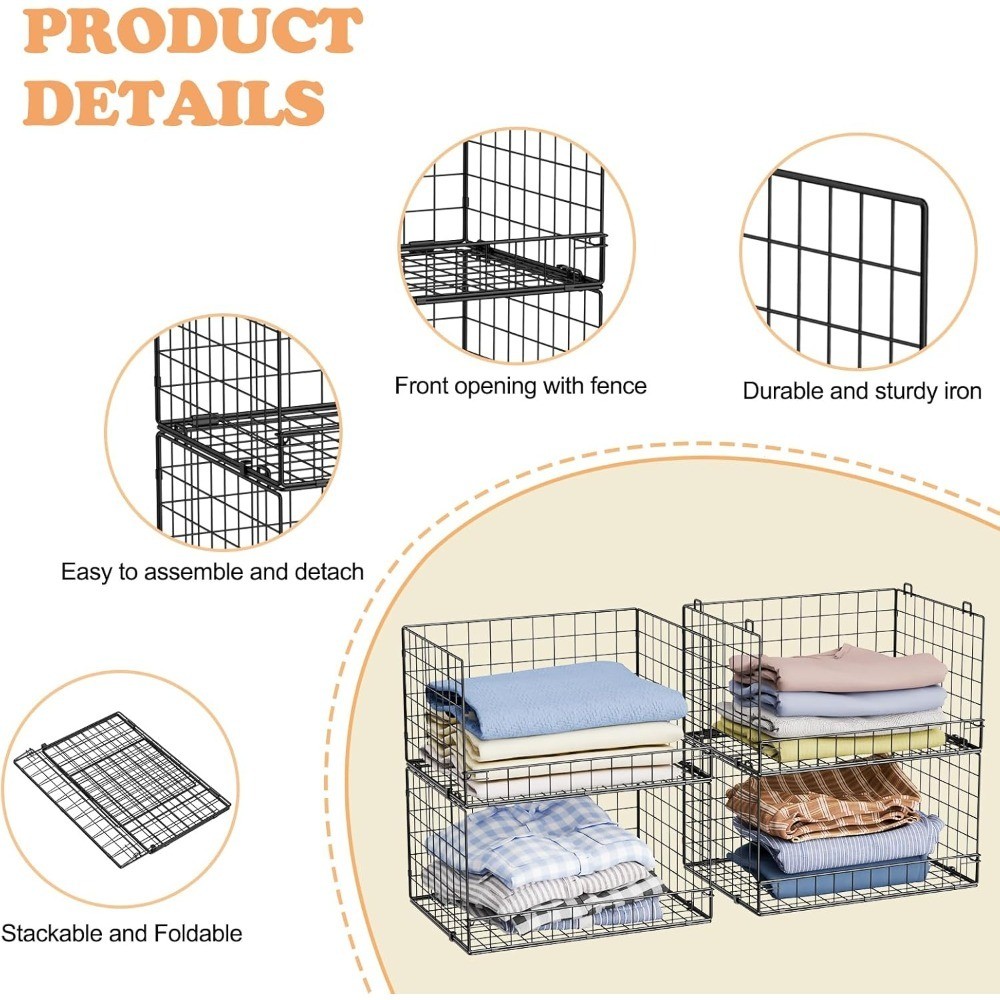 4-Tier Stackable Closet Organizer with Baskets, Foldable Storage Shelves for