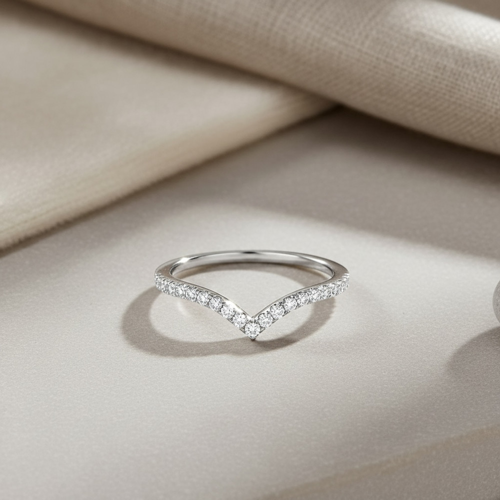 V Shaped Ring | Solid Silver Chevron Ring | | Thin Pave Wishbone Stacking Band