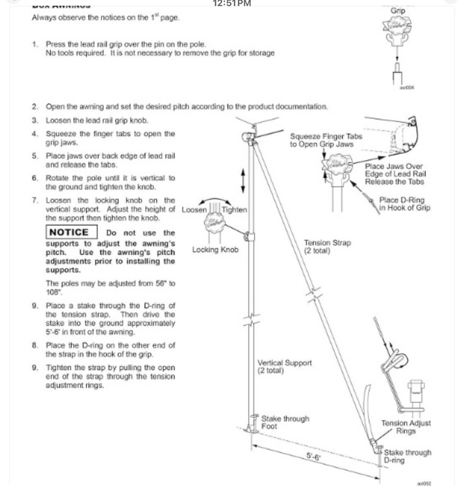 HD Awning Stabilizing Support Poles 108 for All Awning Types. Adjustable Height