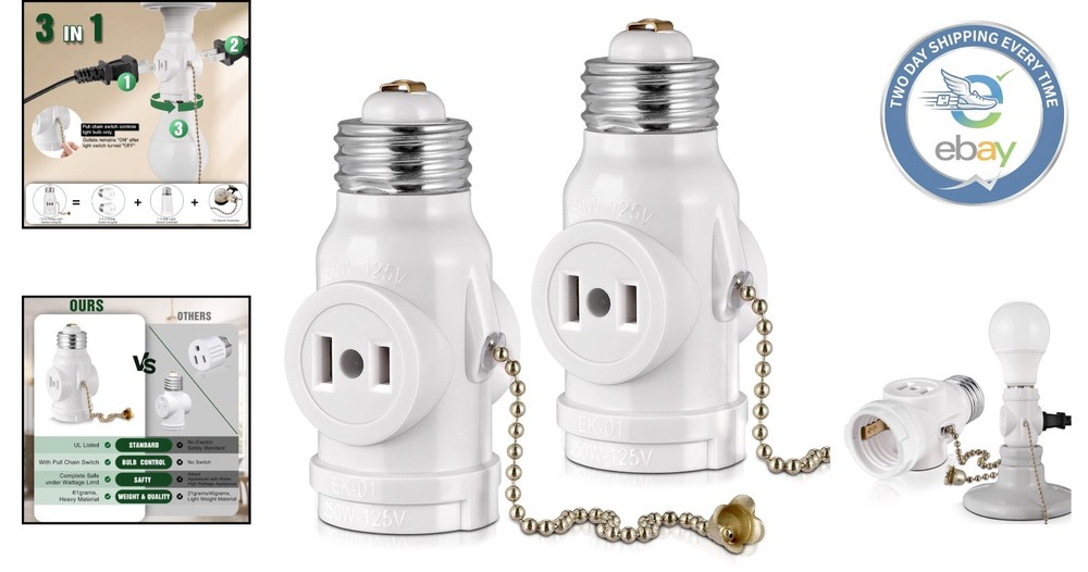 Eco-Friendly 2-Pack Light Socket Adapter with Pull Chain Switch - Safe & Stylish