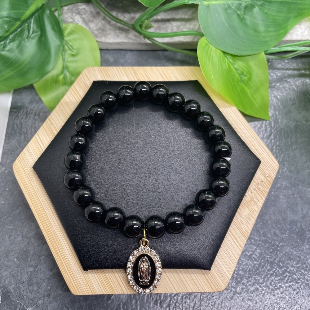 Handmade Stone Bead Stackable 6.5” Plus Stretch Bracelet Mary Medallion B8110