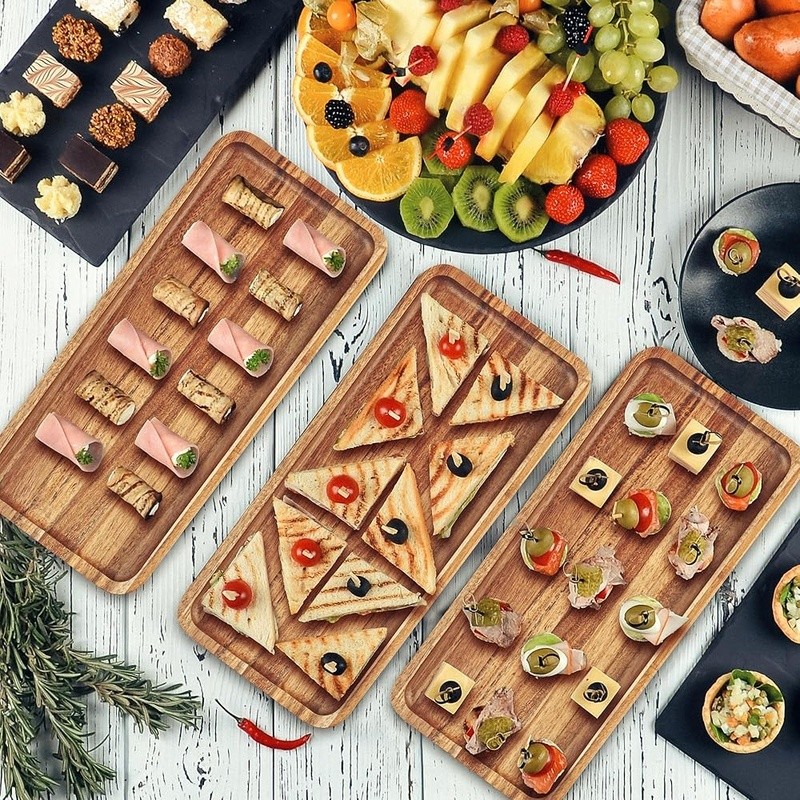 Wood Serving Tray Set 3 Acacia Rectangular Kitchen Organizer Rustic Display New