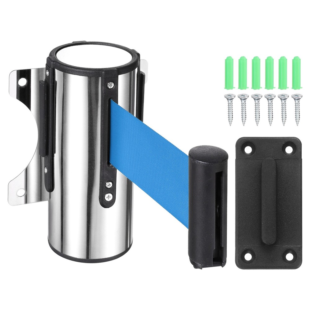 9.8 Foot Fixed Wall Mount Retractable Belt Barrier Set, Blue