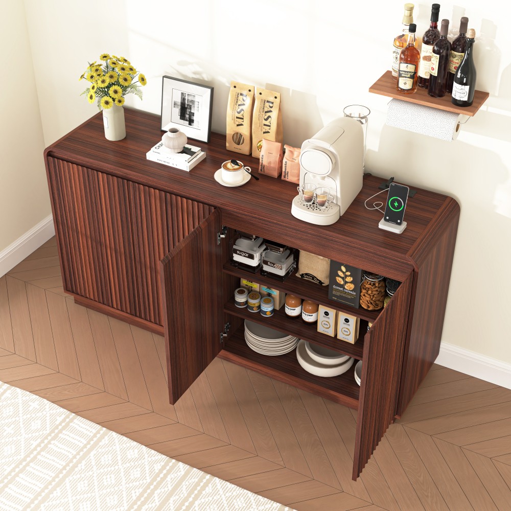 Walnut TV Stand with Power Outlet, Adjustable Storage, Fluted Handleless