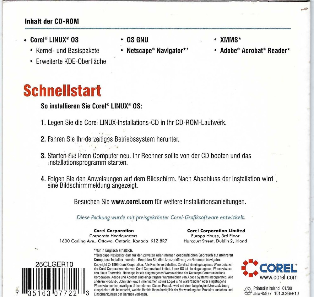 ITHistory (2000) IBM PC Software: COREL LINUX OS (German/Ireland) CD