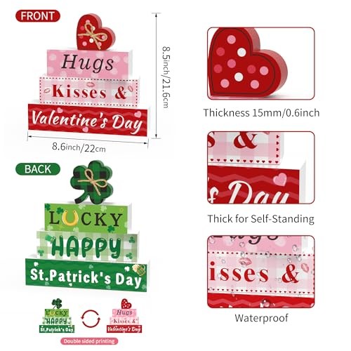 4 Pcs Reversible Valentine’s & St. Patrick’s Day Wooden Table Decor, Double