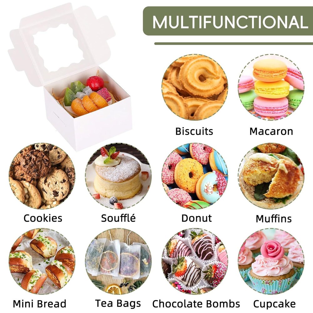 50Pcs 4"x4"x2.5" White Cookie Boxes with Window, Bakery Boxes, Small Treat Boxes