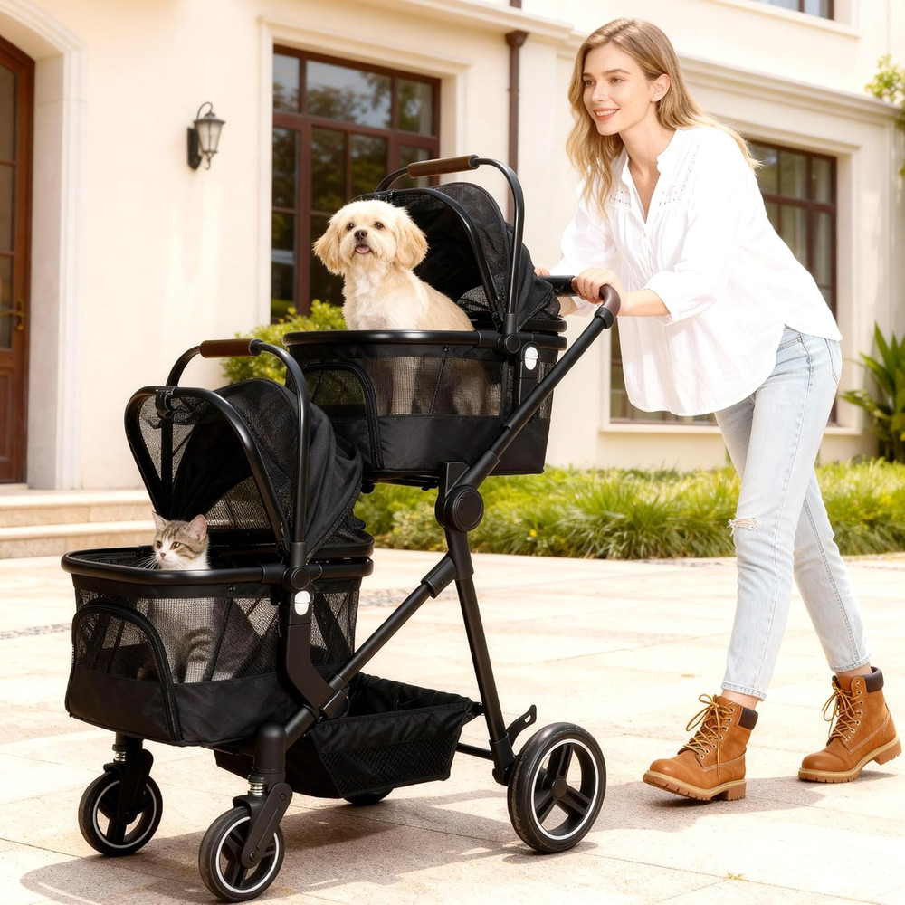 Foldable Double Pet Stroller for 2 Small Medium Cats Dogs, Lightweight Single an