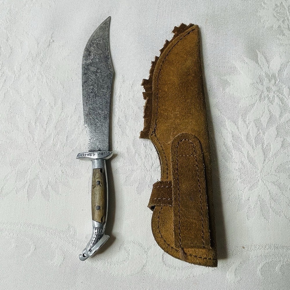 Oaxaca Eagle Head Bowie Knife 8.5" Etched Fixed Blade With Leather Sheath