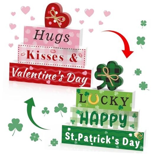 4 Pcs Reversible Valentine’s & St. Patrick’s Day Wooden Table Decor, Double