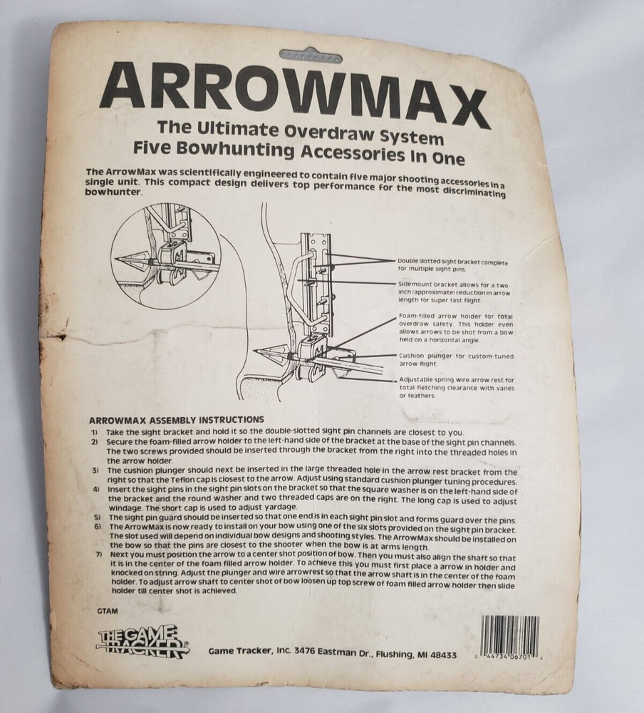 Game Tracker Arrow Max Overdraw Arrow Rest Bow Sight NOS