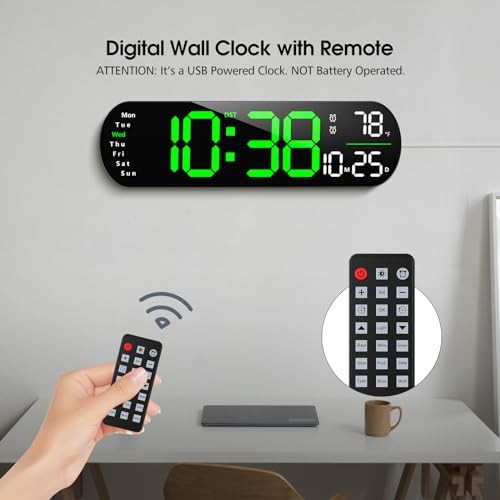 Digital Wall Clock, 13" Large Display Digital Clock with Remote Control, Green