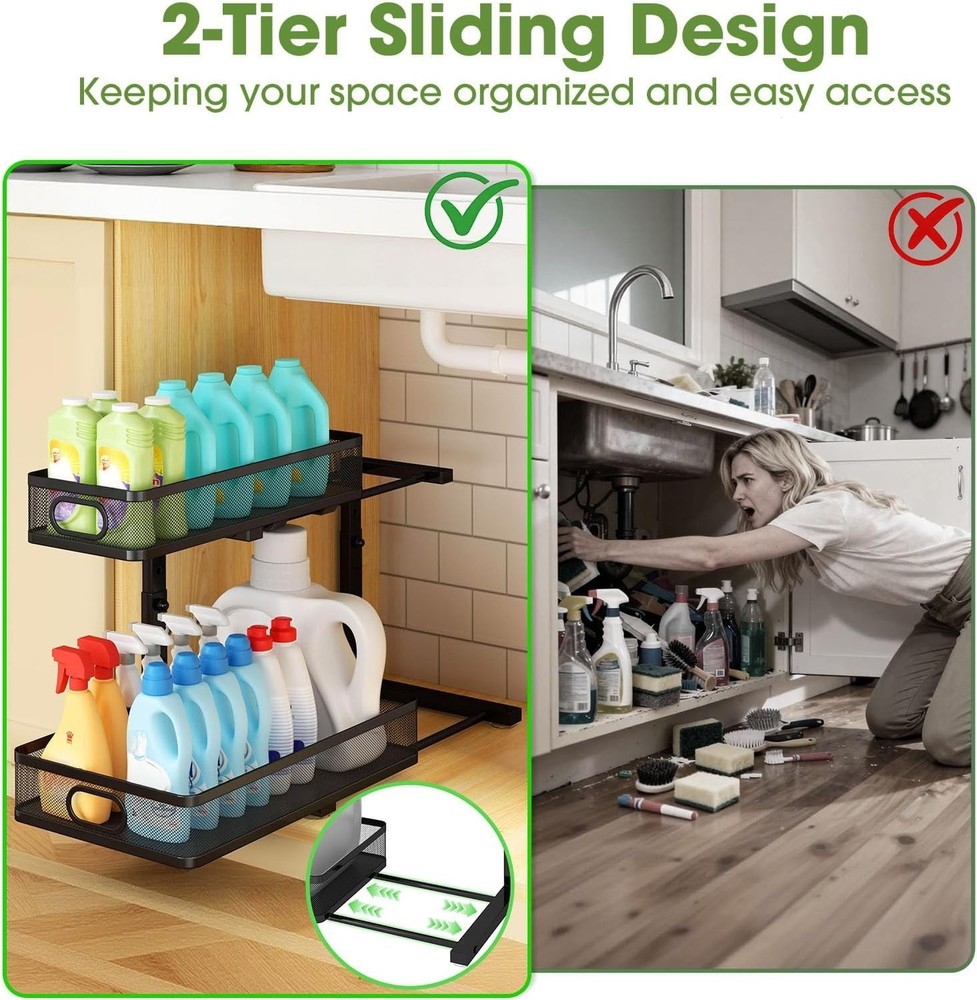 Rust-Resistant Under Sink Storage Racks: Metal 2-Tier Pull-Out Shelves - 2-Pack