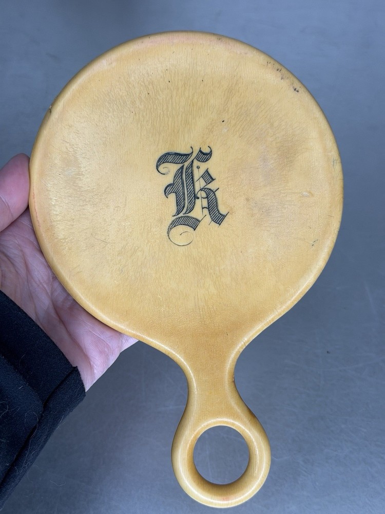 Vintage Small Round Celluloid Hand Mirror Compact Vanity Marked ‘K’