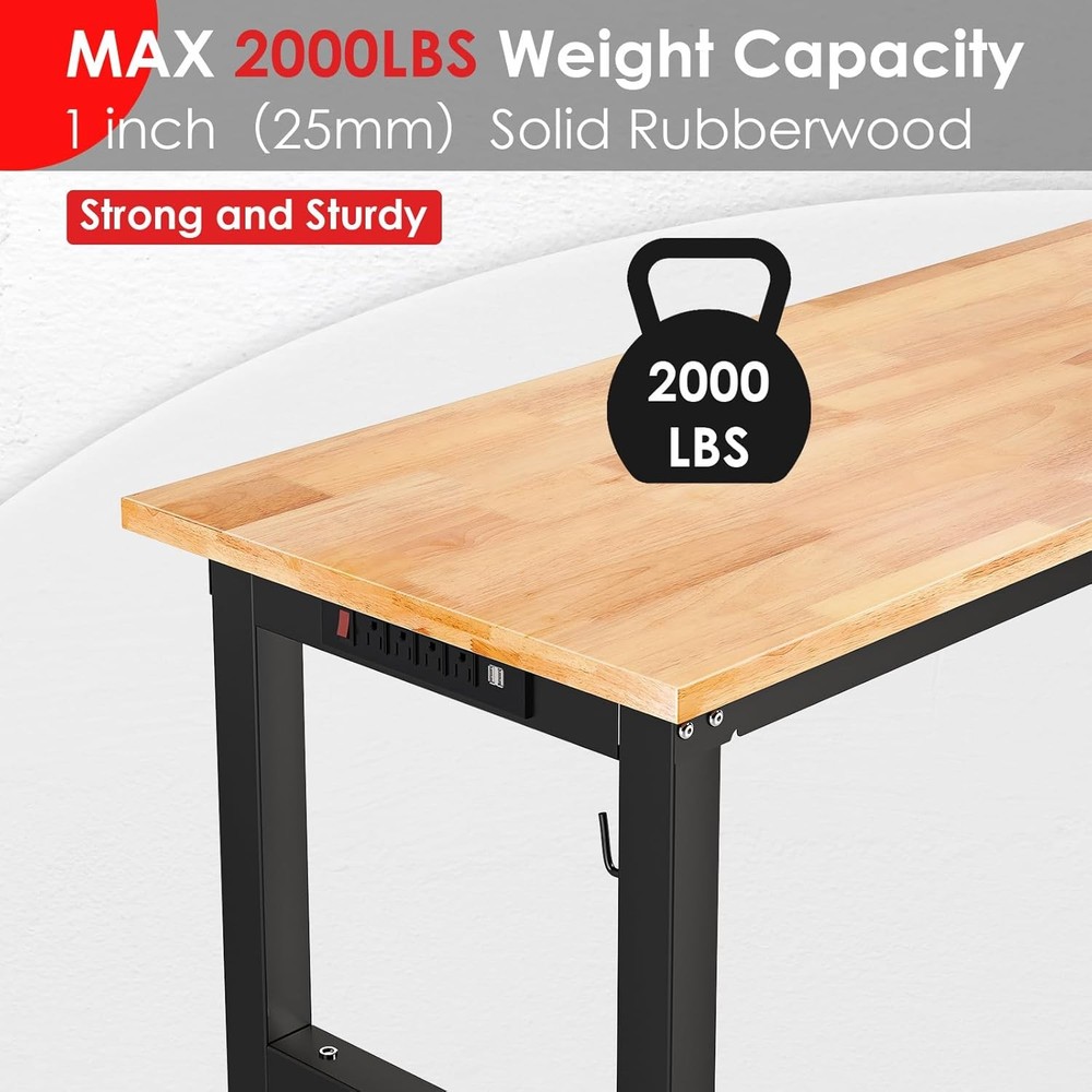 48" Adjustable Work Bench with Power Outlet,Rubber Wood Top Work Table,2000 LBS