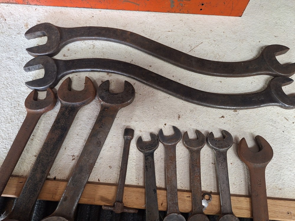 Vintage Williams metal toolbox with multiple Wrenches used