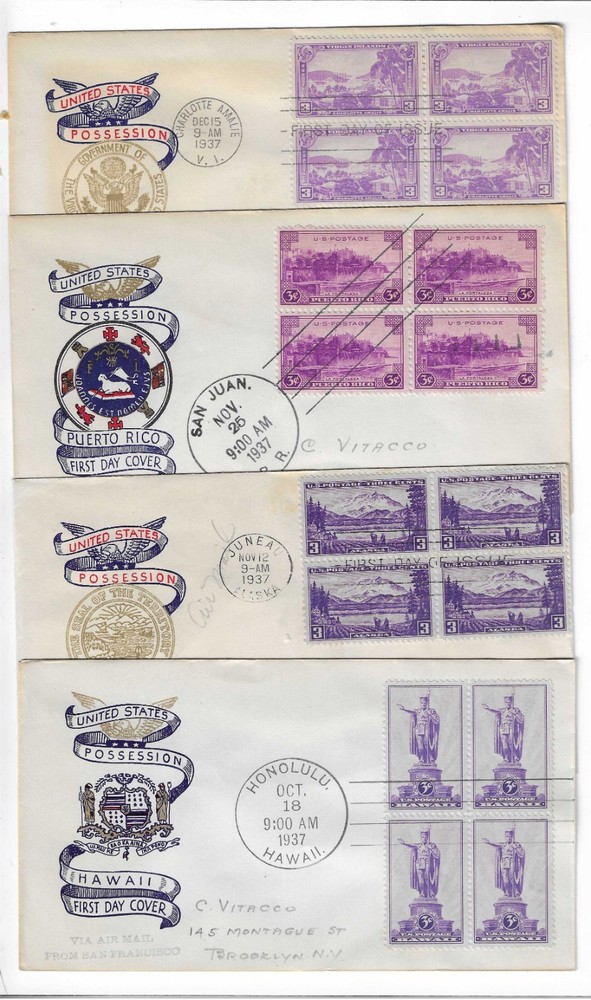 FDC's  #799-802     Possessions -  1937 --  Plimpton