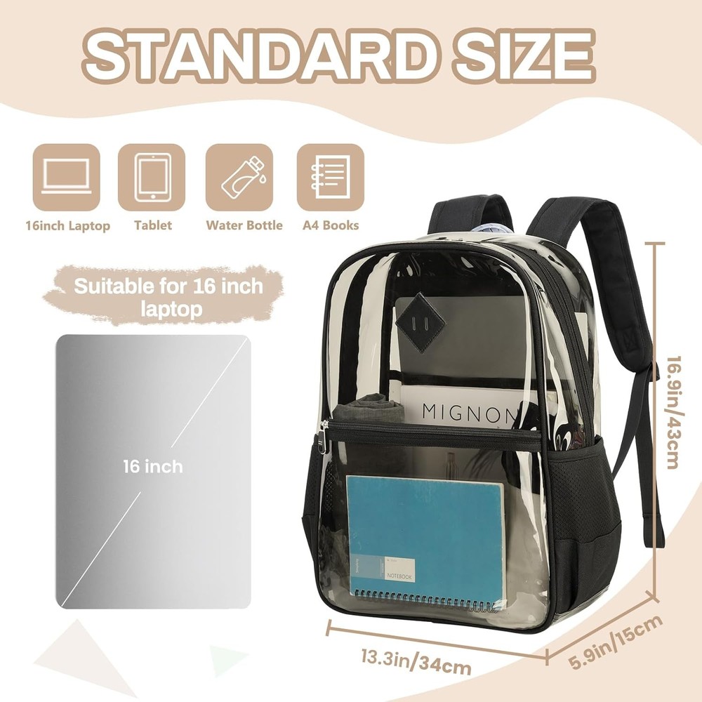Clear Backpack, Heavy Duty See Through Book Bag for Work, Security, Black