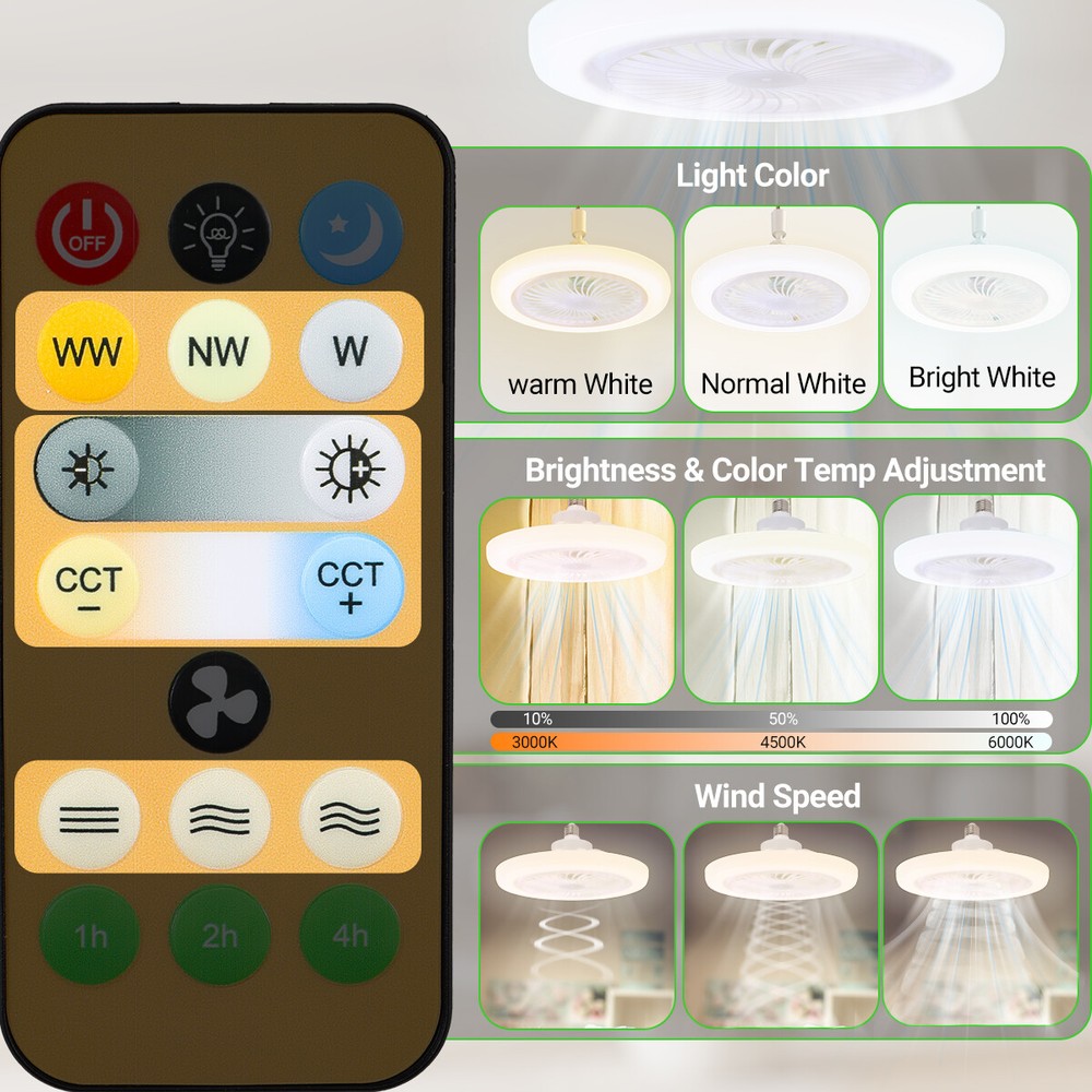 2 In 1 E27 Socket Fan Light With Remote Ceiling Fan Adjustable LED Smart 3 Speed