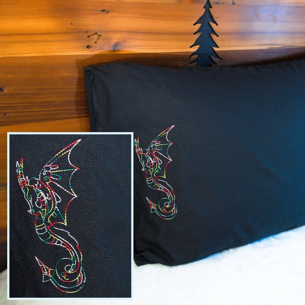 Dragon Embroidered Queen Size Pillowcase - Black
