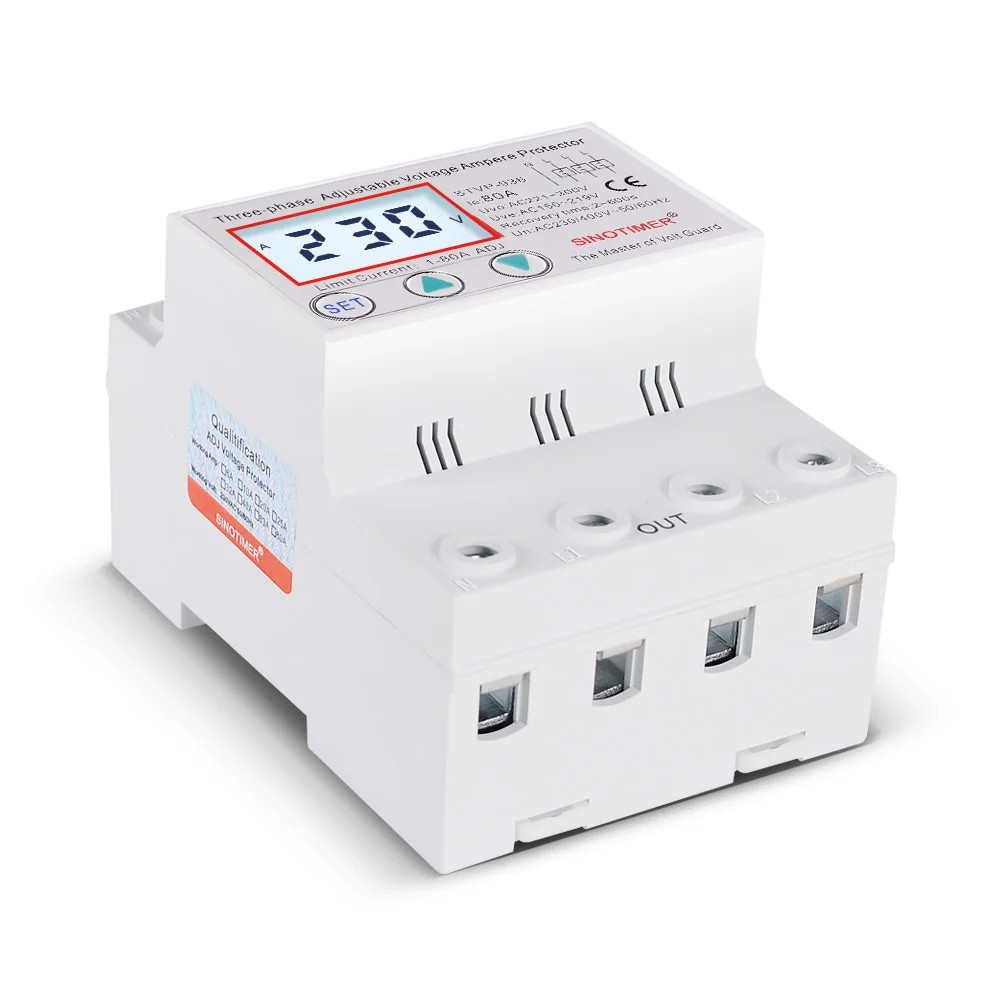 3Phase Voltage Protector Relay 380V 80A DIN Rail LCD Display Surge Limit Current