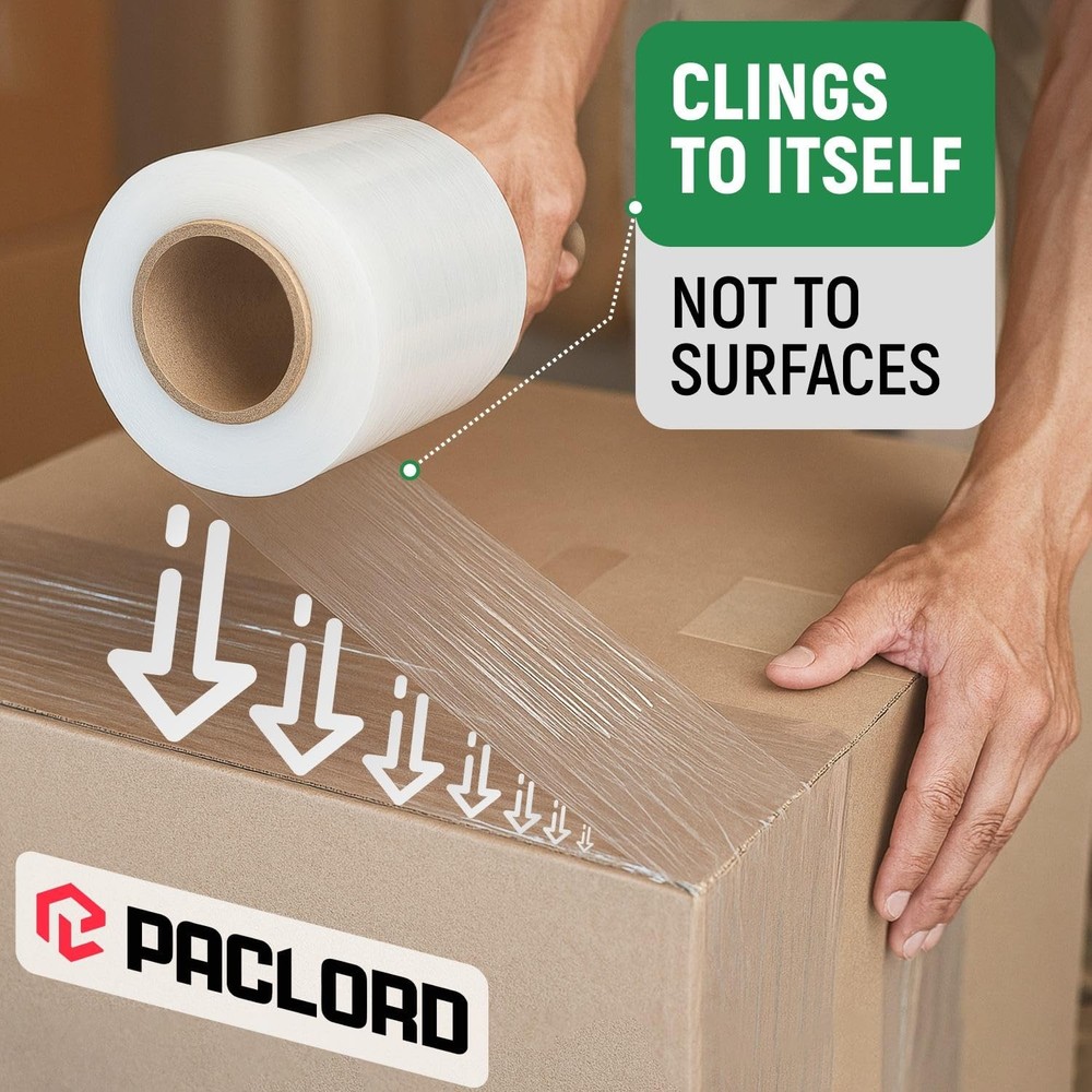 5" x 1000' Industrial Strength Clear Stretch Wrap with Extended Core Handle, ...