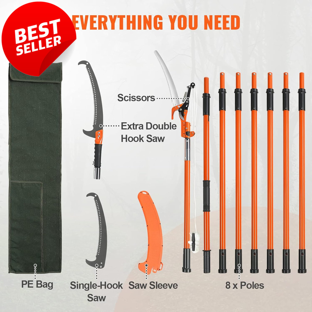 Manual Pole Saw 7.3-27ft Extendable Tree Pruner Sharp Blade Fiberglass Handle US