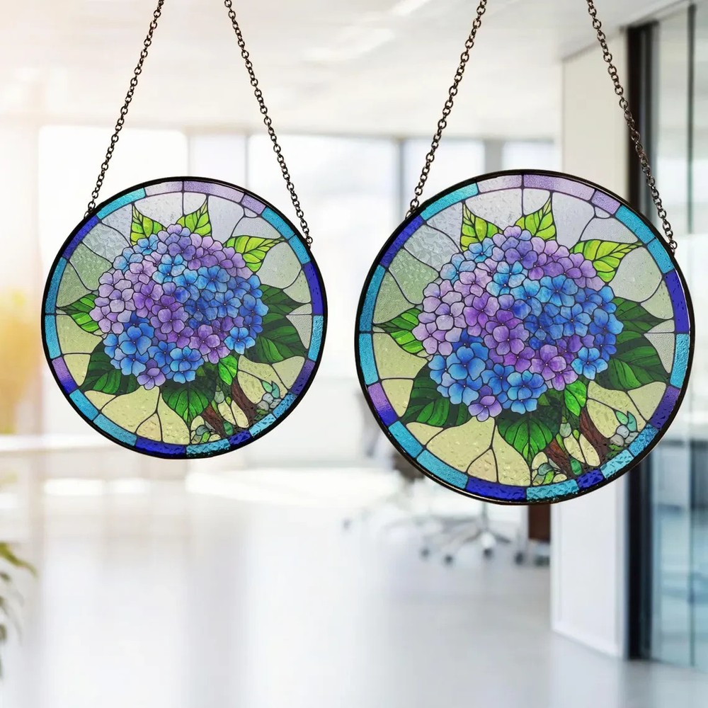 Personalized Blue Hydrangea Stained Glass Suncatcher, Decor Gift
