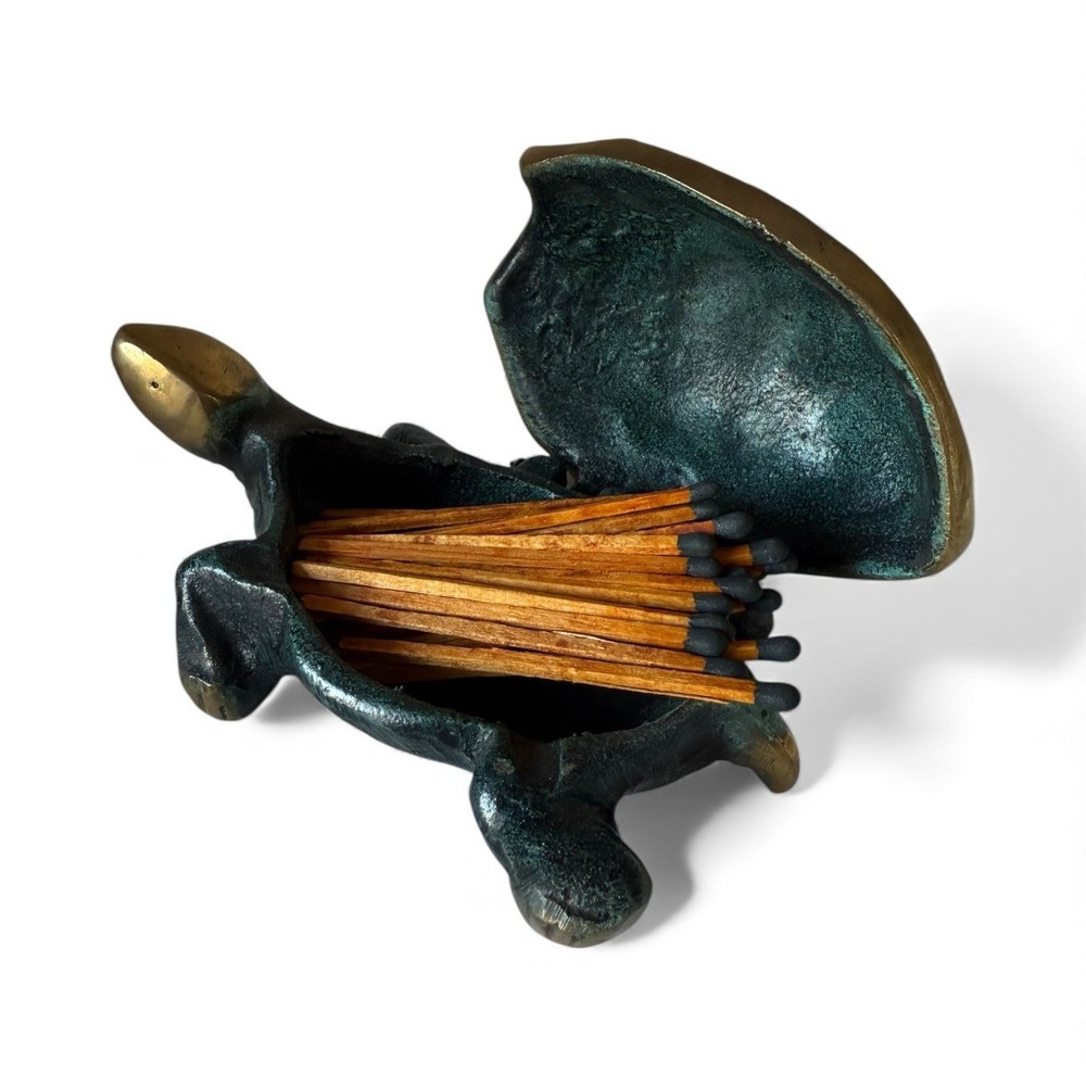 Antique Matchstick Holder Turtle Shell Verdigris Heavy Bronze