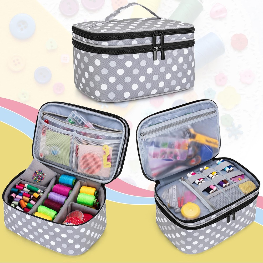 Luxja Double-Layer Sewing Accessories Organizer, Large, Grey Dots
