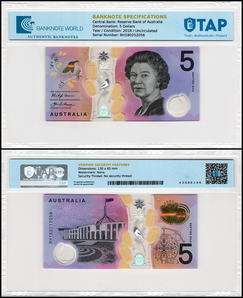 Australia 5 Dollars, 2018, P-62b, UNC Polymer, Authenticated