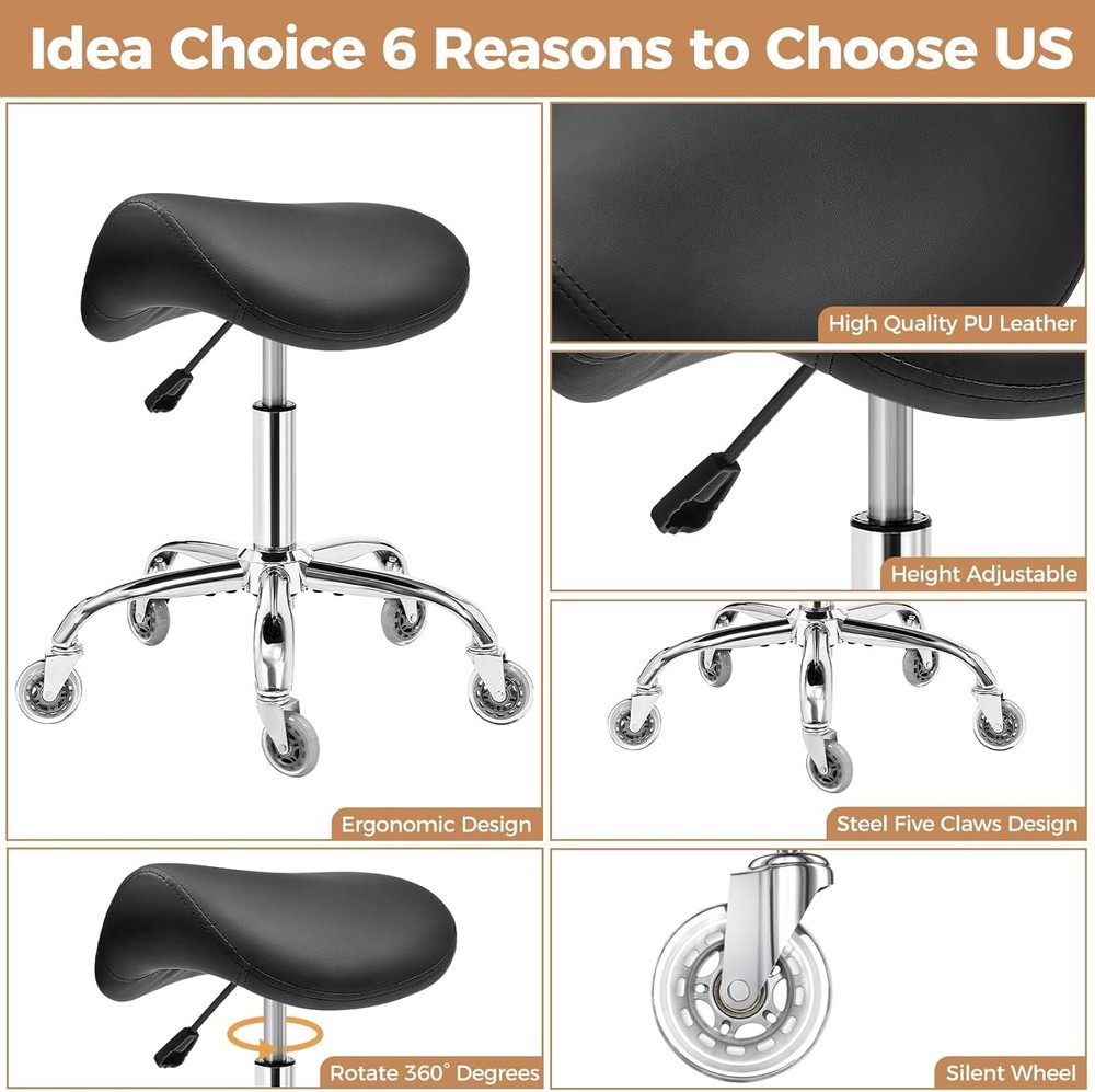 Ergonomic Rolling Saddle Stool Height-Adjustable Rolling 360° Swivel Saddle