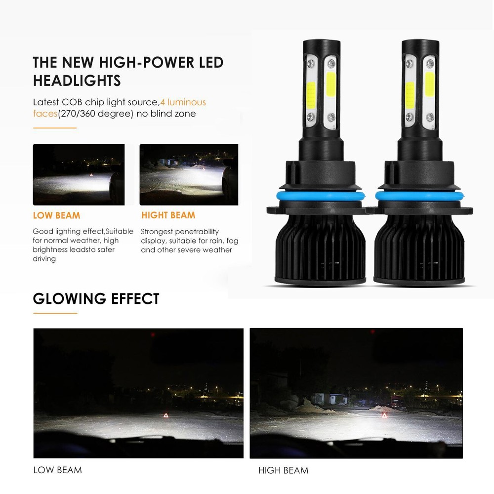 4 Sided 9004 LED Headlight Bulbs Hi/Lo Beam 10000W 3600000LM 6000K Super Bright