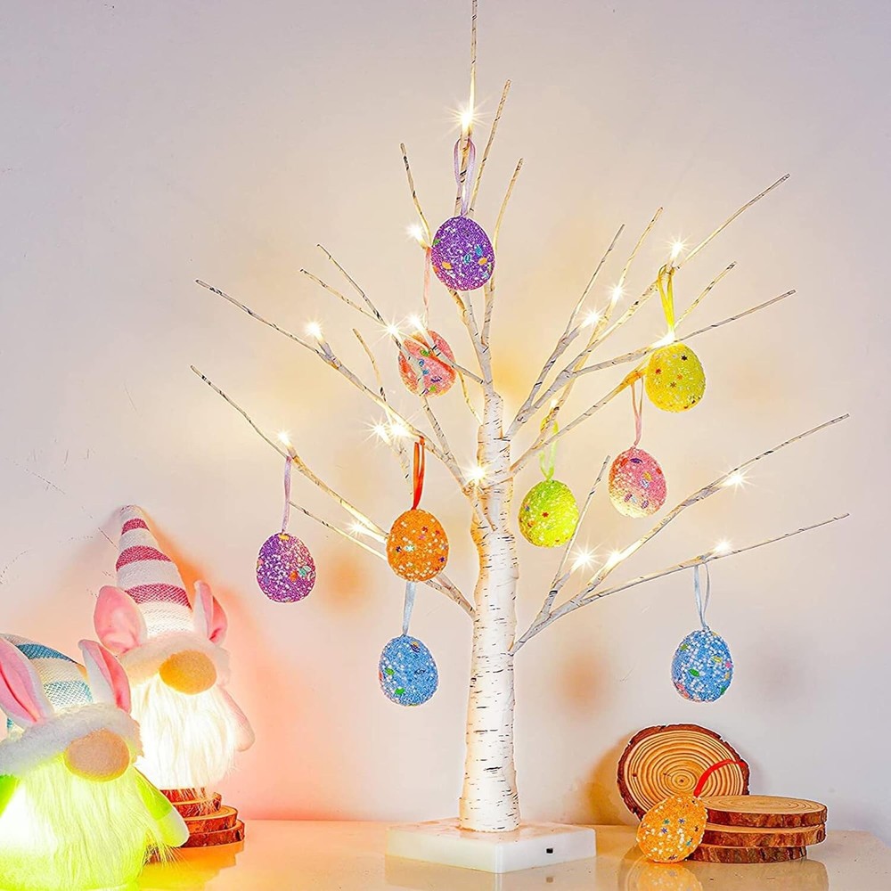 Easter Decorations 24 Inch Pre-Lit White Birch Tree with 10 Hanging Easter Egg