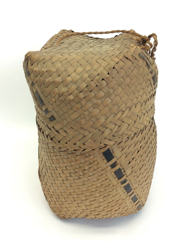 Wicker Woven Black Stripe Early Zigzag Pattern Basket Decorative Old