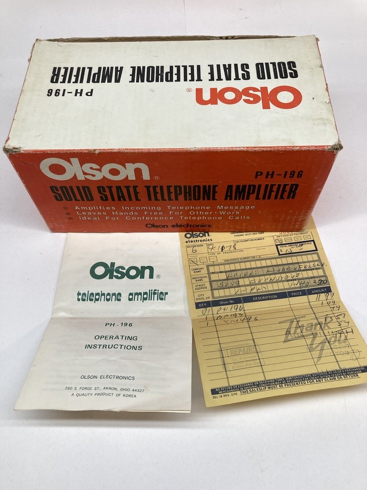 OLSON ELECTRONICS TELEPHONE AMPLIFIER PH-196 ORIGINAL BOX- Not Tested