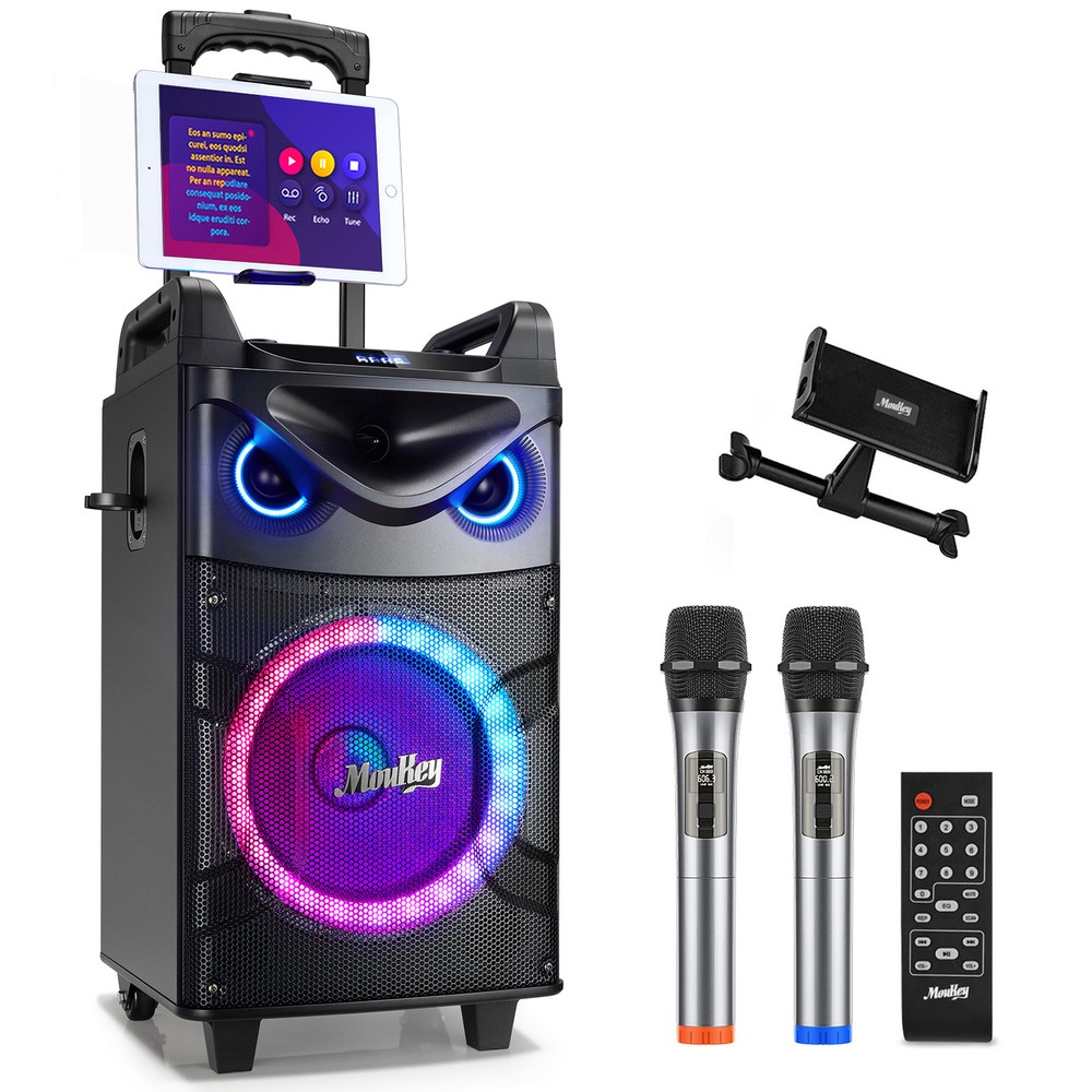 Moukey Portable Party Speaker Bluetooth Singing Machine With 2Pcs Wireless Mics
