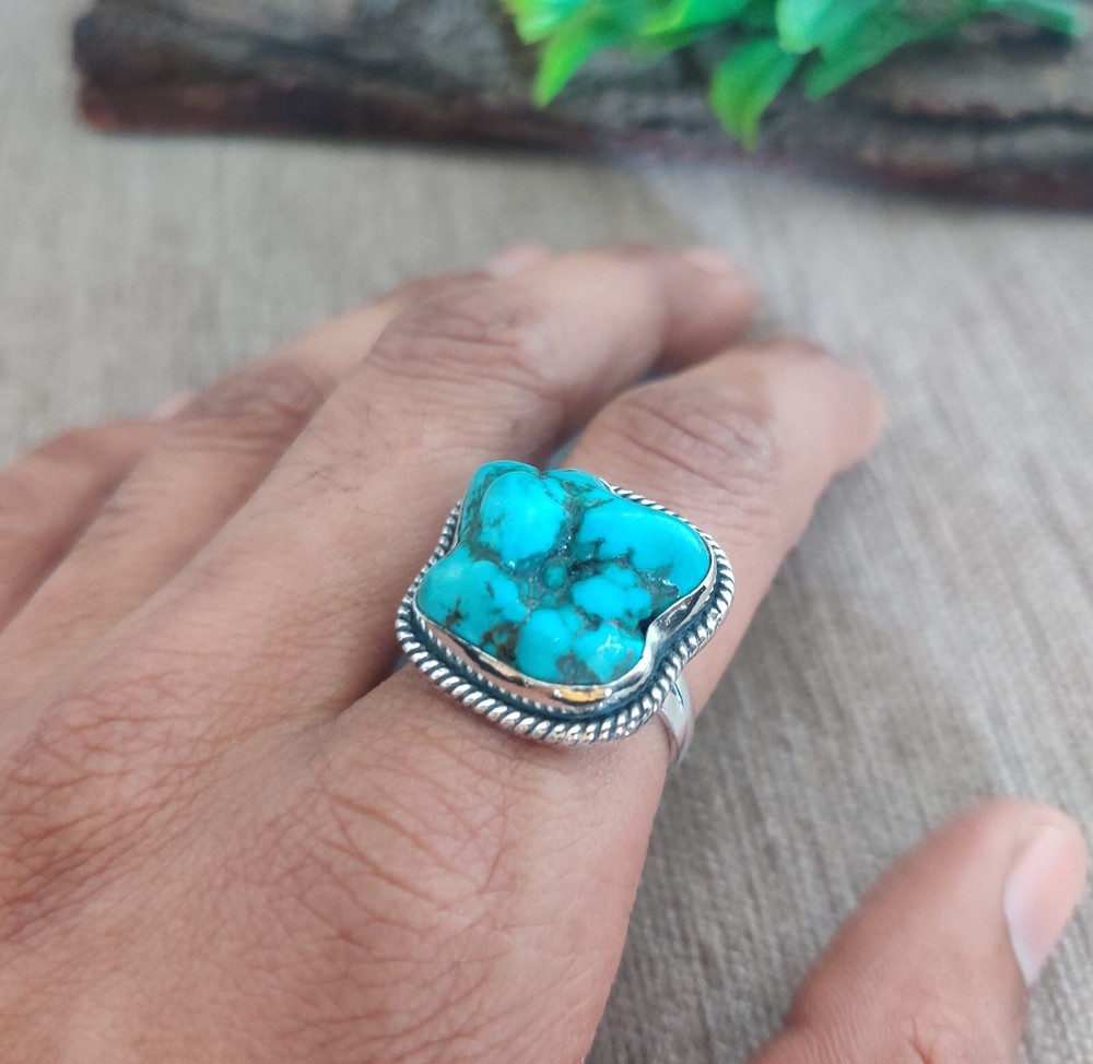 Faceted Turquoise Gemstone Ring 925 Sterling Silver Statement Handmade Ring