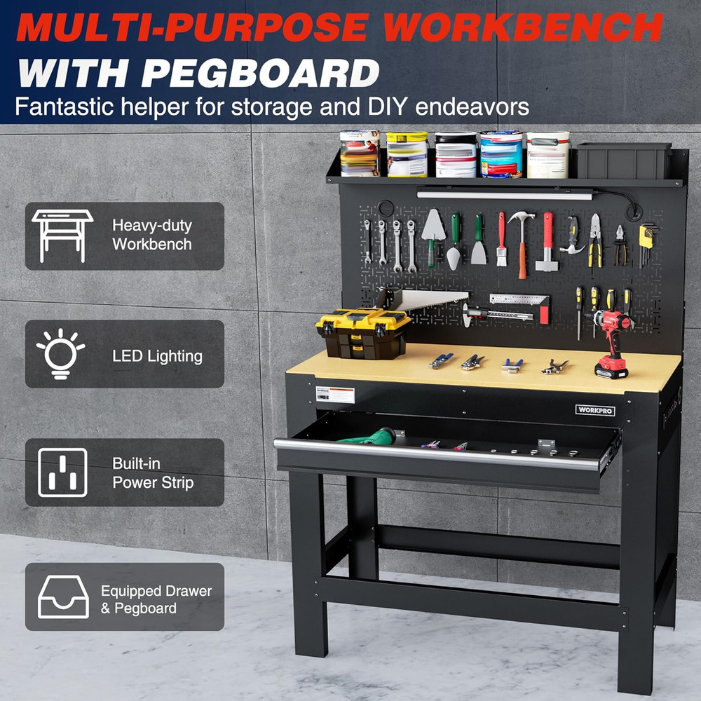 WORKPRO 45" Garage Workbench with Storage, Heavy-Duty Workbench with Pegboard, P