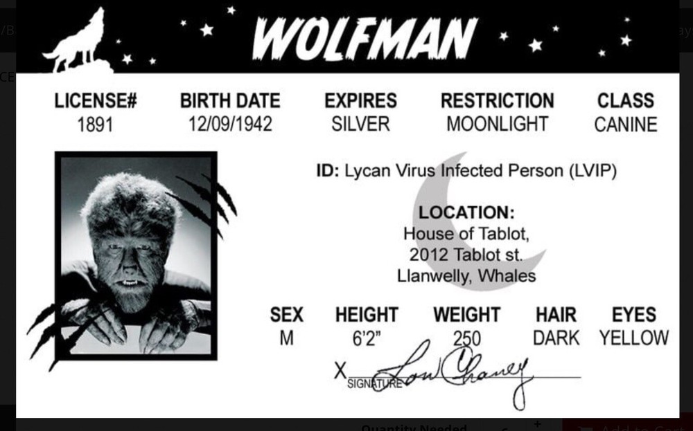 WolfMan Drivers License 3.4” X  2.2” Laminated ID Card.