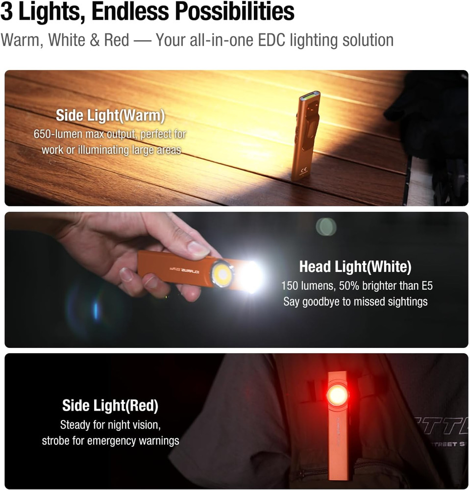 E5 plus - Ultra-Slim Dual Switch 3-Light Sources EDC Flashlight, 650 Lumens, USB