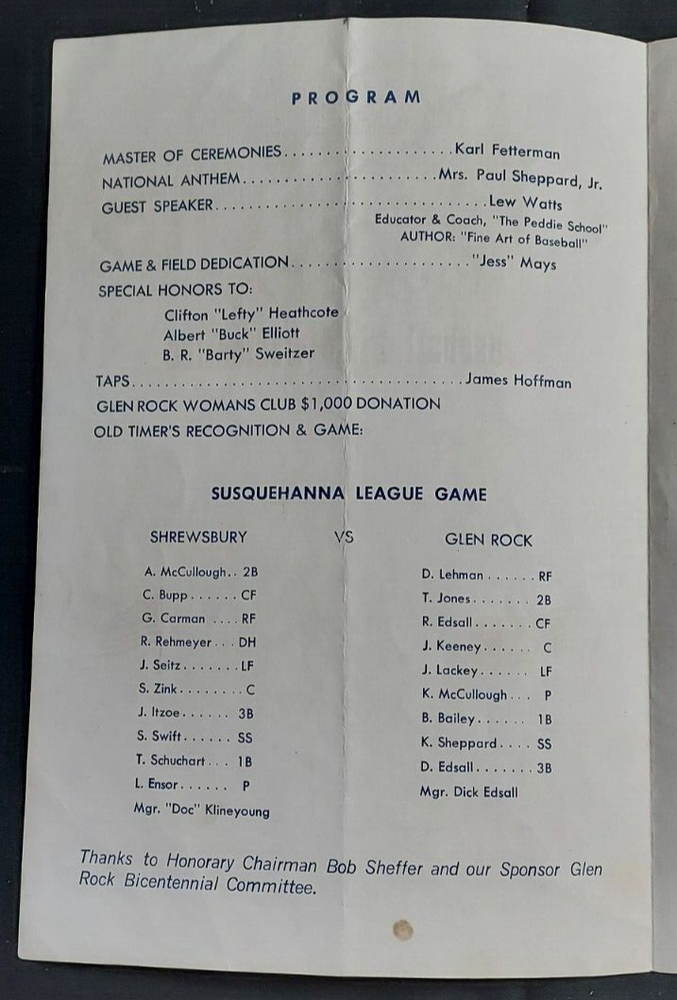 1976 Program Project 76 Baseball Field Dedication Old Timer's Game Glen Rock PA