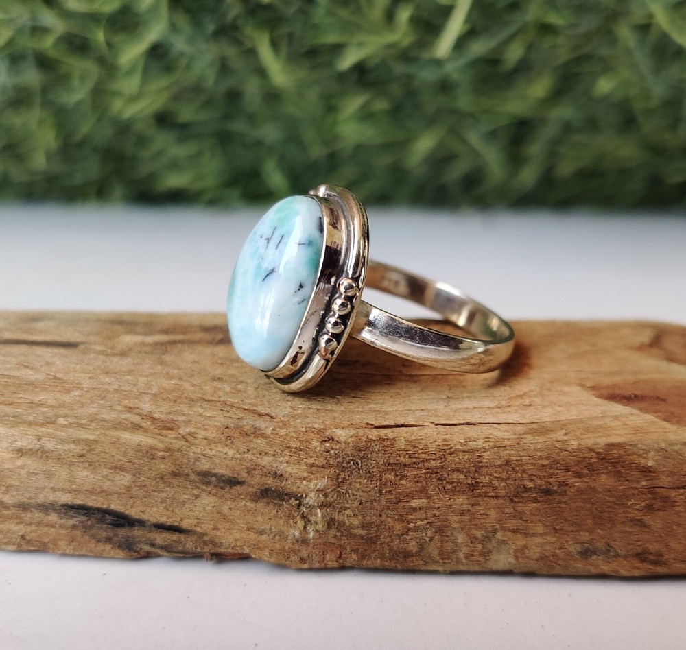 Unique Larimar Gemstone Ring 925 Sterling Silver Wedding Gift Statement Ring