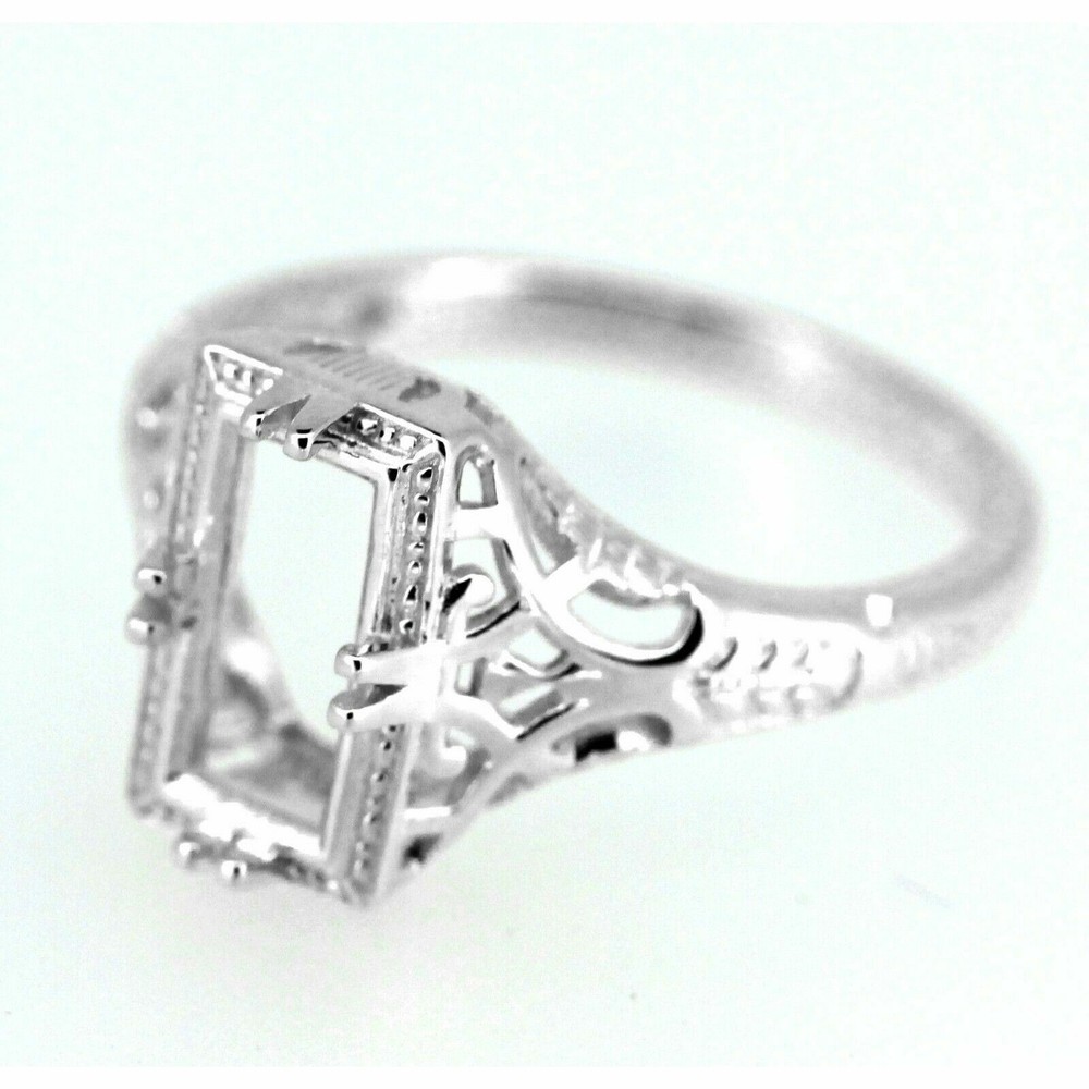 Sterling Silver Semi Mount Ring Setting Emerald OCT 9x4.5mm Filigree Art Dec