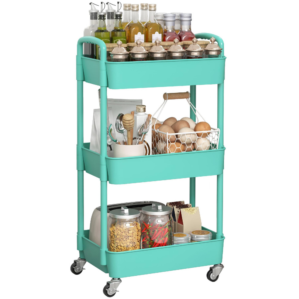 Sywhitta 3-Tier Plastic Rolling Utility Cart w/ Handle, Multi-Functional Storage