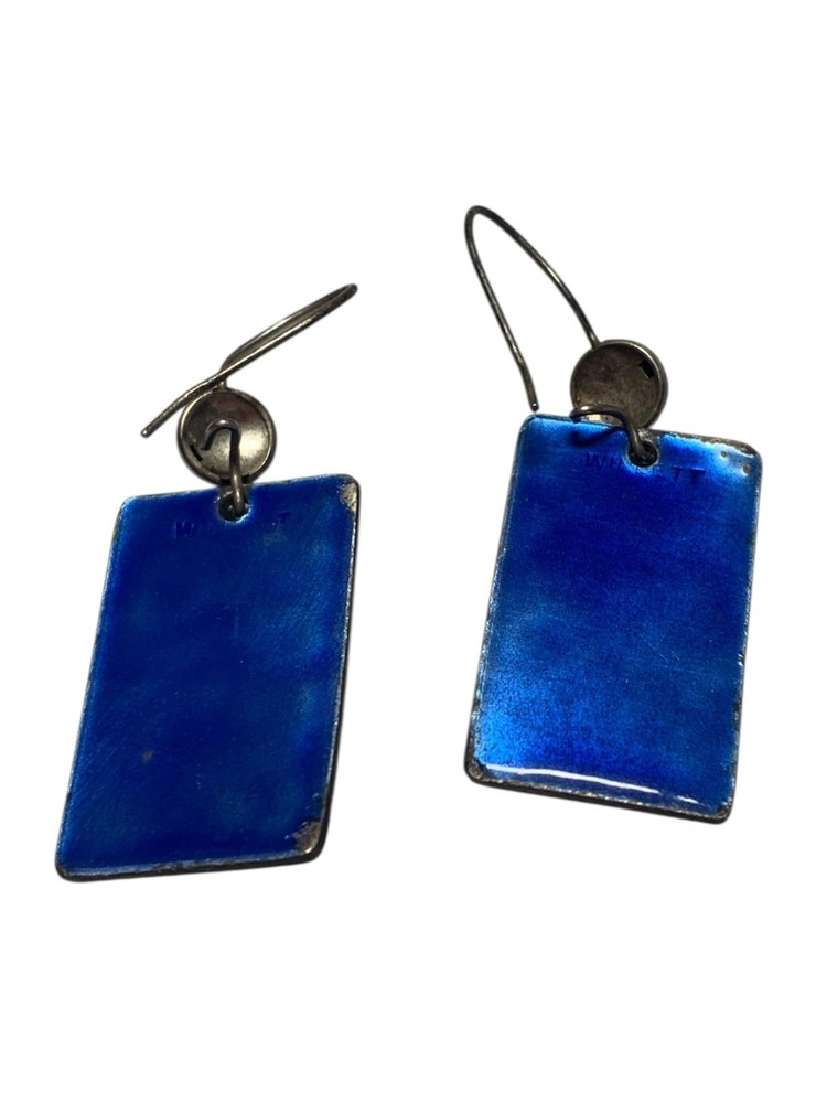 Handmade Blue Green Bubble Accent Rectangular Enamel Dangle Earrings