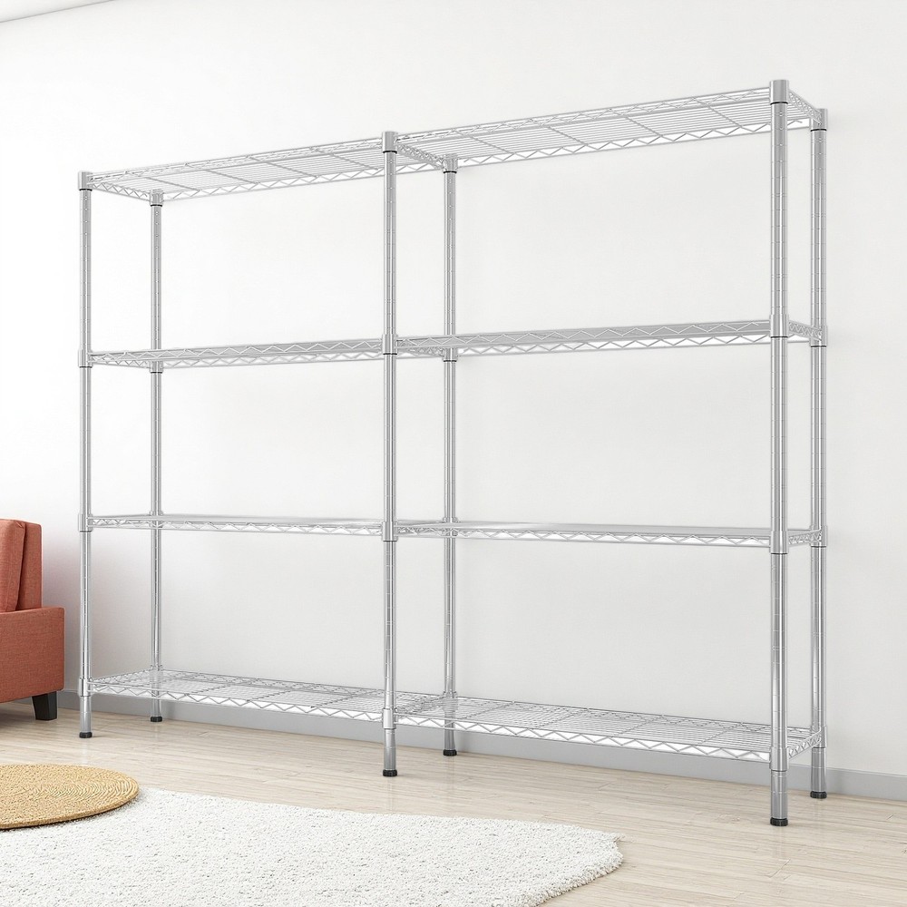 4-Tier Wire Shelving Unit 2-Column - Heavy Duty, Adjustable, Modular & Silver
