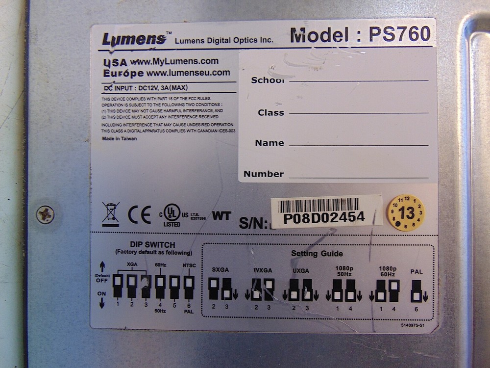 Lumens PS760 Desktop Camera Projector Visualizer With Power Supply S6440