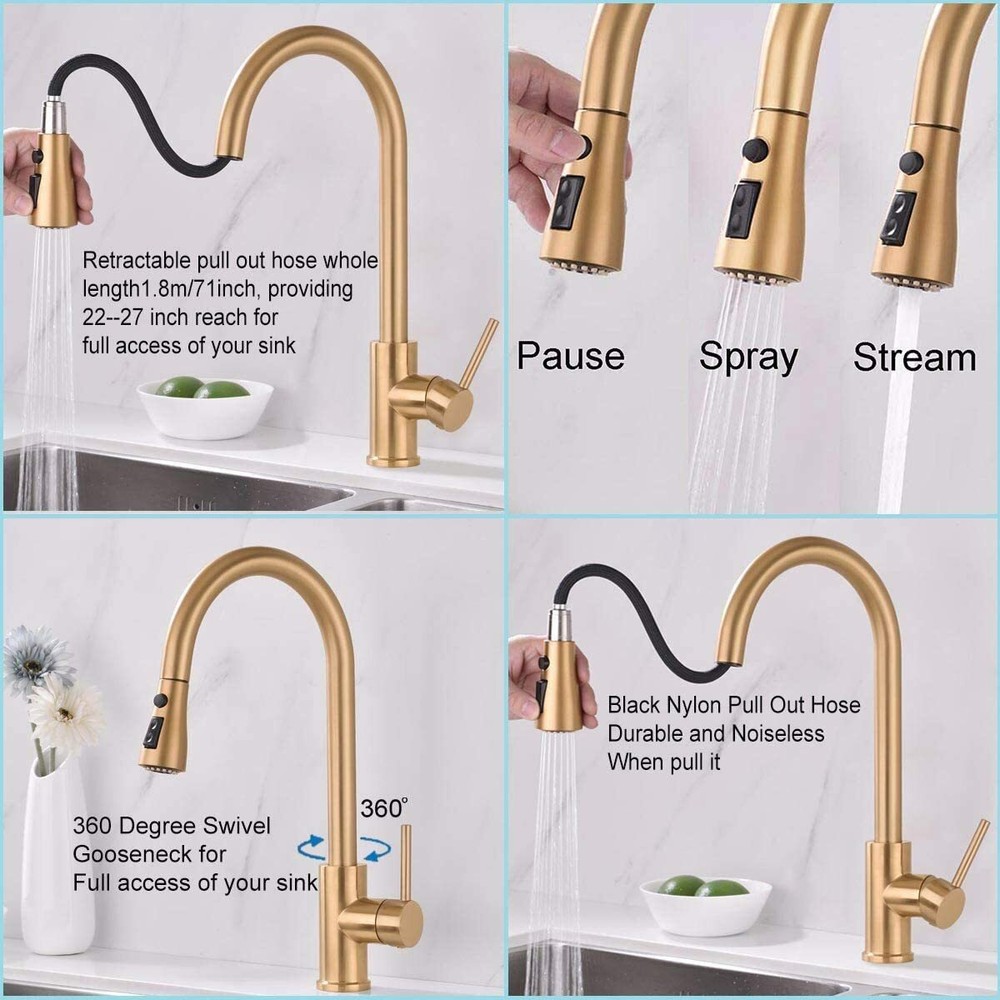 Brushed Gold Kitchen Sink Faucet Pull Down Sprayer Swivel Single Handle Mixer